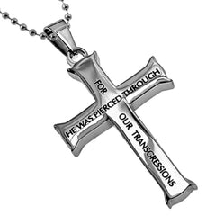 Isaiah 53:5 Necklace, Cross Pendant PIERCED THROUGH Bible Verse, Stainless Steel with Bead Chain