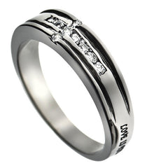 LOVE NEVER FAILS Promise Ring, Bible Verse with CZ Cross, Stainless Steel