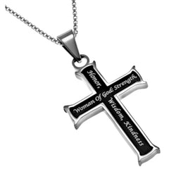 Proverbs 31 Woman Necklace, Black Stainless Steel Cross Pendant