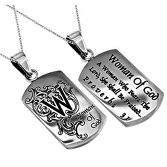 Women's Monogram "W" Christian Dog Tag, Proverbs 31 WOMAN OF GOD, Stainless Steel Chain