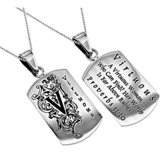 Women's Monogram "V" Christian Dog Tag, Proverbs 31 VIRTUOUS WOMAN, Stainless Steel Chain