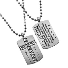 Christian Dog Tag, Proverbs 3:5,6 TRUST IN THE LORD Cross Chain Necklace, Stainless Steel Ball