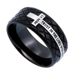 Proverbs 3:5 TRUST, Stainless Steel Black Diamond Back Cross Ring