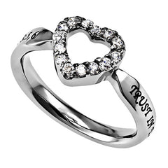 Proverbs 3:5 Ring Bible Verse TRUST, Stainless Steel Clear CZ Heart