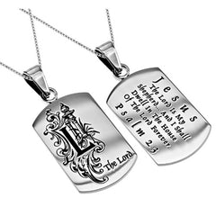 Women's Monogram "L" Christian Dog Tag, Psalm 23, Stainless Steel Chain