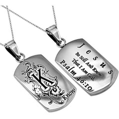 Women's Monogram "K" Christian Dog Tag, BE STILL Psalm 46:10, Stainless Steel Chain