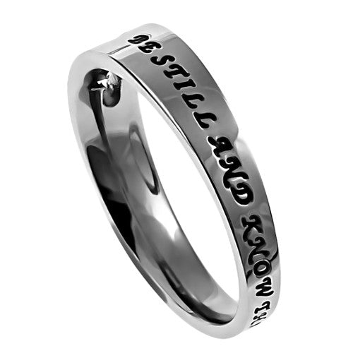 Psalm 46:10 Ring Be Still and Know that I am God, Stainless Steel with Cut Out Cross