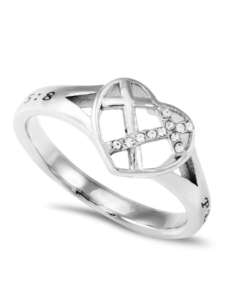 PURITY Heart Ring for Women with CZ Crosses, Stainless Steel