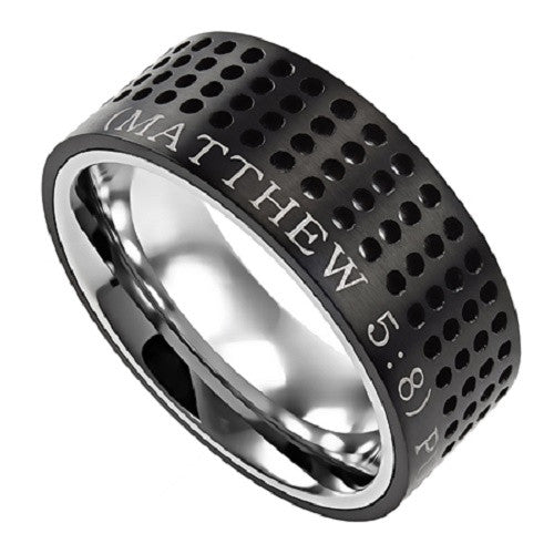 Black Christian Ring, Bible Verse Matthew 5:8 PURITY, Dotted