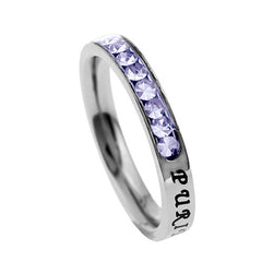 Christian Purity Ring June Birthstone Lavender CZ with Bible Verse, Stainless Steel