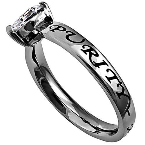 Solitaire Heart Chastity Ring, Christian Bible Verse, Stainless Steel
