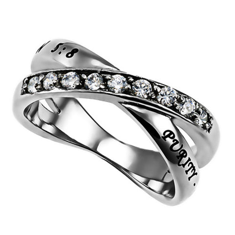 Purity Ring for Girls, Criss Cross Band with Bible Verse and CZ Stones