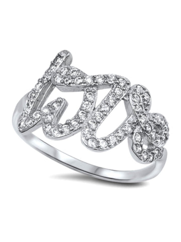 Fancy LOVE Glitzy CZ Stone 925 Sterling Silver Ring, Princess Cut For Girlfriend