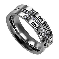 PEACE OF GOD Side Cross Ring with Engraved Bible Verse & CZ Stones