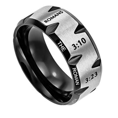 Roman Road to Salvation Ring, Bible Verse Gospel Outline, Black Stainless Steel