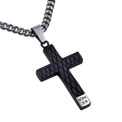 Romans 5:9 BLOOD Stainless Steel Engraved Black Cross Necklace