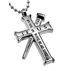 ROMANS 5:9 Cross and Nail Necklace with Bible Verse, Stainless Steel