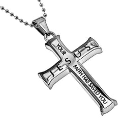 Luke 7:49,50 Necklace, Cross Pendant SAVED BY FAITH Bible Verse, Stainless Steel with Bead Chain
