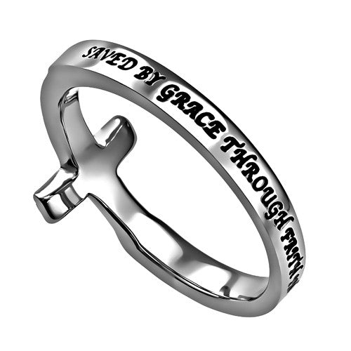 SAVED BY GRACE Ring Bible Verse, Sideways Cross Stainless Steel with Clear CZ Stones