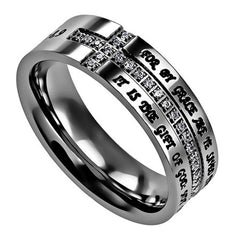 SAVED BY GRACE Cross Ring with Engraved Bible Verse & CZ Stones