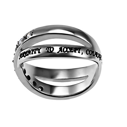 SERENITY Ring, Bible Verse, Criss Cross Stainless Steel with Clear CZ