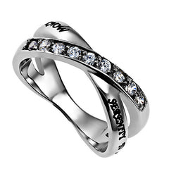 SERENITY Ring, Bible Verse, Criss Cross Stainless Steel with Clear CZ