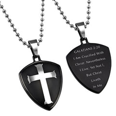 Shield of Faith Galatians 2:20 Necklace CRUCIFIED WITH CHRIST Bible Verse, Steel Bead