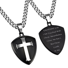 Shield of Faith Galatians 2:20 Necklace CRUCIFIED WITH CHRIST Bible Verse, Steel Curb