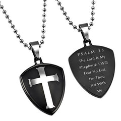 Shield of God Psalm 23 Necklace LORD IS MY SHEPHERD Bible Verse, Steel Bead
