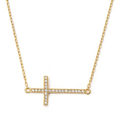 Sideways Cross Necklace, Gold Plated Sterling Silver, 16-18" Adjustable Chain