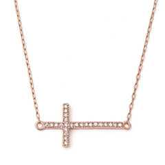 Sideways Cross Necklace, Rose Gold Plated Sterling Silver, 16-18" Adjustable Chain