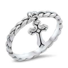 Dangling Cross Ring with Thin Rope Band for Girls, 925 Sterling Silver