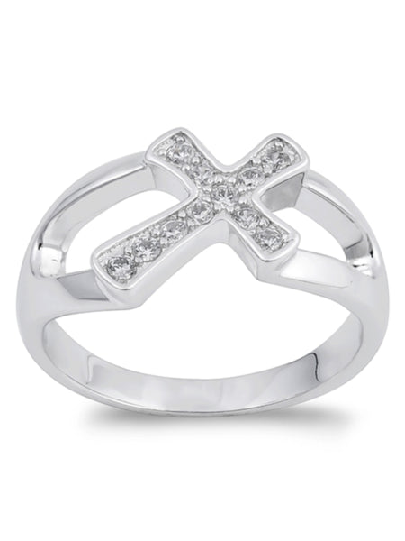 Sterling Silver Sideways Cross Ring with CZ Stones and Jewelry Gift Box