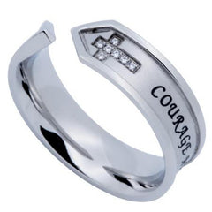 COURAGE AND TRUST Open End Ring, Double Cross Stainless Steel with CZ