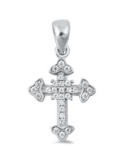 Small Budded Cross Pendant with CZ Stones, Sterling Silver 925 with Gift Bag