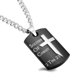 2 Timothy 2:3 Black Dog Tag Cross Sword Necklace with Steel Curb Chain