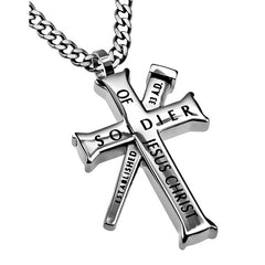 2 TIMOTHY 2:3,4 Cross and Nail Necklace with Bible Verse, Stainless Steel Curb Chain