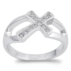 Sterling Silver Sideways Cross Ring with CZ Stones and Jewelry Gift Box