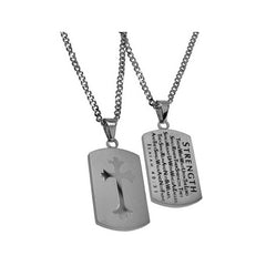 ISAIAH 40:31 Shield Cross Strength Necklace with Bible Verse, Stainless Steel Curb Chain