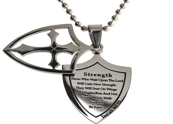 Strength Necklace Two Piece Cross Shield with Bible Verse, Stainless Steel Ball Chain