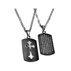 Strength Necklace Black Shield Cross, Isaiah 40 Christian Qualities, Stainless Steel Curb Chain