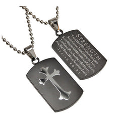 Strength Necklace Black Shield Cross, Isaiah 40 Christian Qualities, Stainless Steel Ball Chain