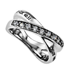 Isaiah 40:31 STRENGTH Ring, Bible Verse, Criss Cross Stainless Steel with CZ