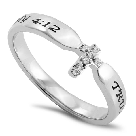 1 TIMOTHY 4:12 Small Cross Ring for Her, Clear CZ Stones, Stainless Steel