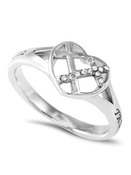 TRUE LOVE WAITS Heart Ring for Women with CZ Crosses, Stainless Steel