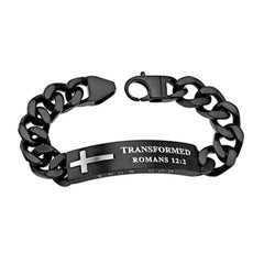 Romans 12:2 Bracelet with Black Cross, TRANSFORMED Bible Verse, Stainless Steel Curb