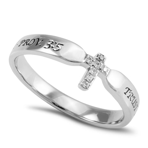 PROVERBS 3:5 Small Cross Ring for Her, Clear CZ Stones, Stainless Steel
