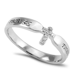 PROVERBS 3:5 Small Cross Ring for Her, Clear CZ Stones, Stainless Steel