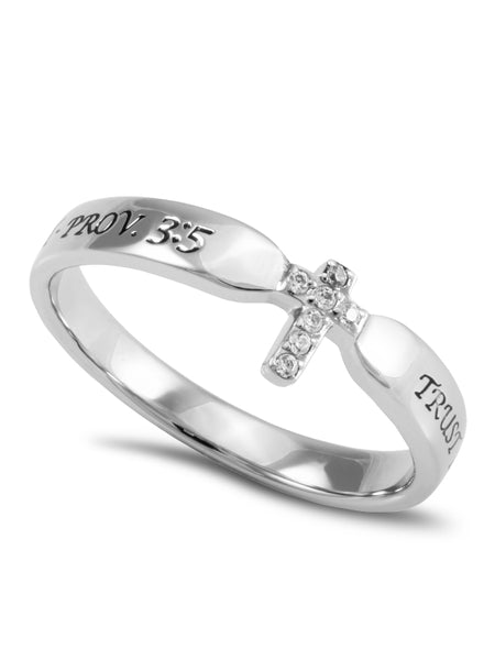 PROVERBS 3:5 Small Cross Ring for Her, Clear CZ Stones, Stainless Steel