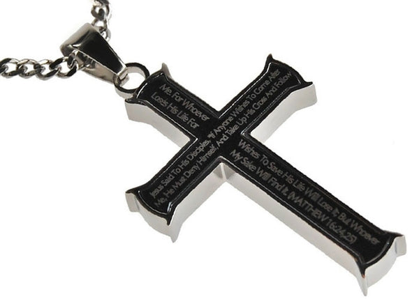 Matthew 16:24,25 Black Cross Necklace TAKE UP YOUR CROSS Bible Verse, Stainless Steel Thick Chain